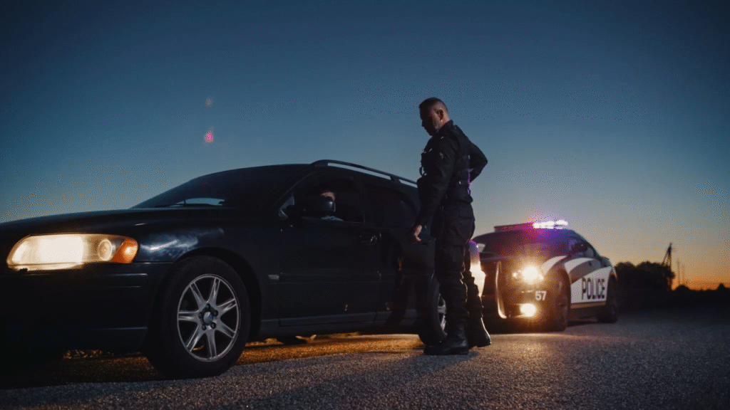 Police officer conducting a roadside traffic stop in Ontario at dusk, with flashing lights behind the vehicle, representing enforcement of Ontario alcohol limit for driving laws.